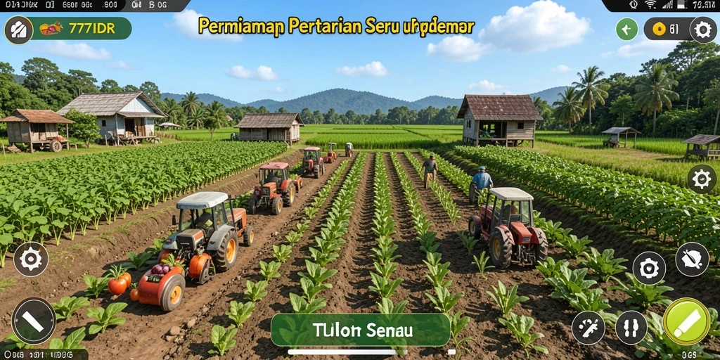 Tangkapan layar gameplay <strong>777IDR</strong> di dunia pertanian yang aktif dan ceria.
