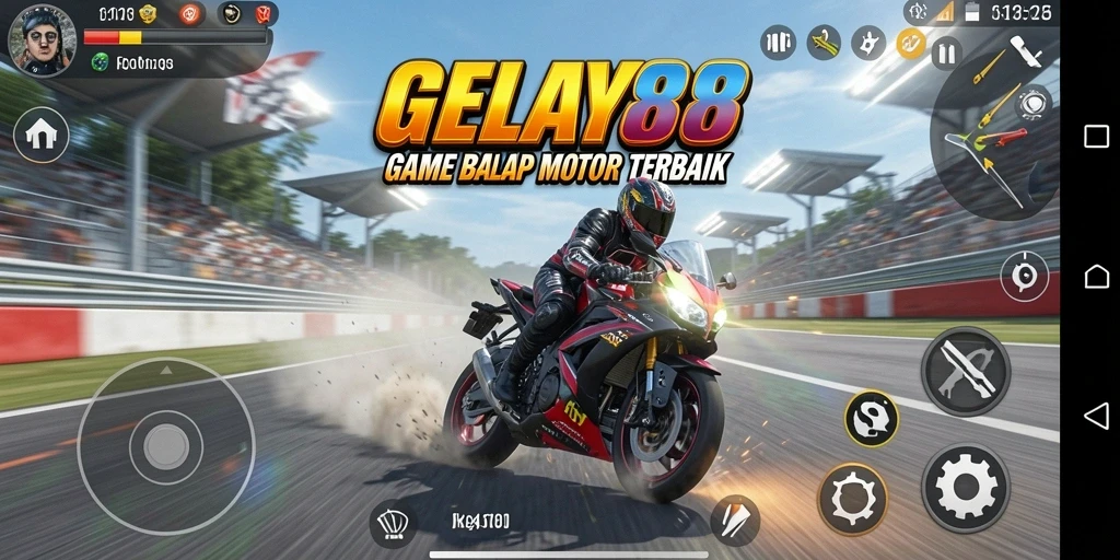 Screenshot utama GELAY88 menampilkan aksi balap motor yang mendebarkan.