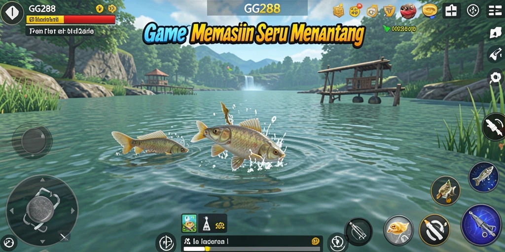 Tampilan gameplay GG288 dengan aksi memancing yang menarik di lokasi yang indah.