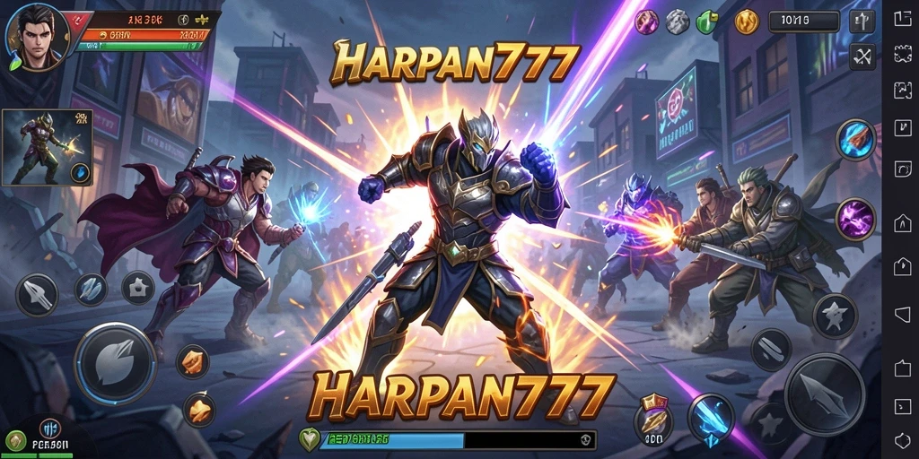Screenshot menampilkan pertarungan epik dalam HARAPAN777 dengan karakter yang sedang beraksi.