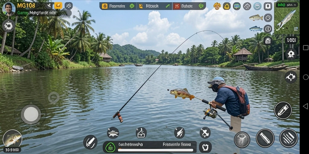 Tampilan gameplay <strong>MG108</strong> yang menakjubkan saat memancing di lokasi indah.