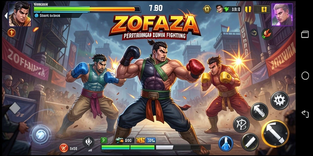 Screenshot gameplay ZOFAZA menampilkan pertarungan yang mendebarkan dan aksi karakter yang fantastis.